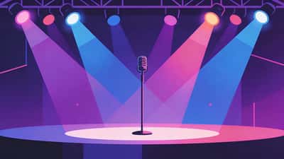 Stilfull scenuppsättning med färgglada strålkastare och en mikrofon i mitten i K-pop konsertestetik med lila blå och rosa ljus