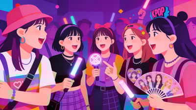Uppspelta K-pop fans debatterar sina favoritgrupper på en färgglad fanträff med ljusstavarna och livfull neonestetik