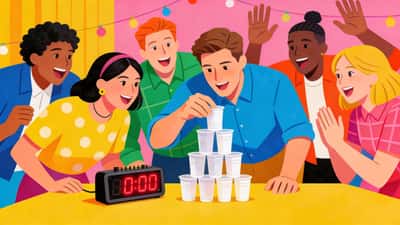 Adults at a party doing a minute-to-win-it challenge stacking cups against a timer