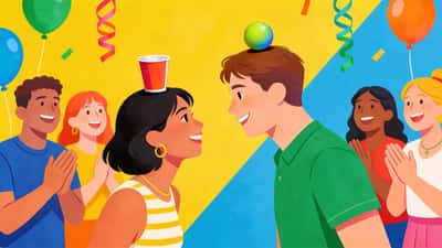 Two people competing in a silly minute-to-win-it challenge while friends watch and cheer