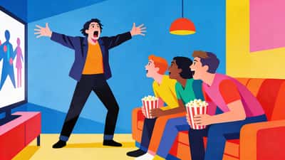 Venner spiller film-charade, én person laver en dramatisk filmpose mens andre sidder i sofaen og gætter med popcorn