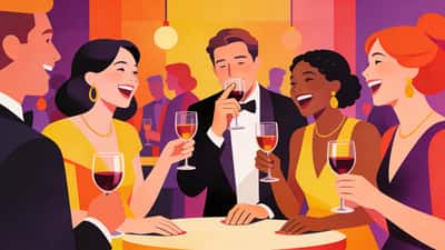 Aikuiset cocktailjuhlissa pelaavat juomatunnustuspeliä viinilasien kanssa