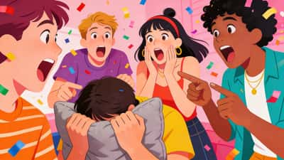 Villi juhlien kohtaus ystävien näyttäessä järkyttyneiltä ja huvittuneilta tunnustuspelin aikana