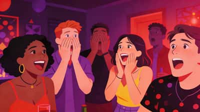 Nuoret aikuiset hämärästi valaistuissa juhlissa pelaavat rohkeaa tunnustuspeliä