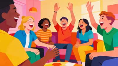 Ystävät olohuoneessa nostavat käsiä ja nauravat pelatessaan tunnustuspeliä