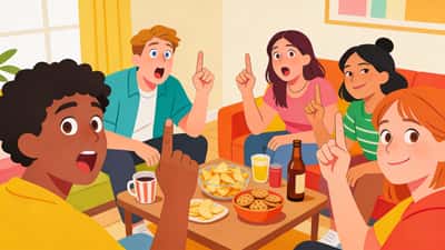 Ystävät tapaamisessa nostavat sormia laskupelissä välipalojen ollessa pöydällä