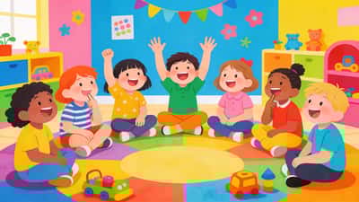 Iloiset lapset istuvat piirissä leikkihuoneessa nostaen innoissaan käsiä