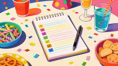 Värikäs juhlatarkistuslista pöydällä konfettien ja juhlatarvikkeiden ympäröimänä