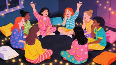 Teini-ikäiset yökyläilyissä istuvat piirissä pelaamassa tunnustuspeliä keijuvaloin