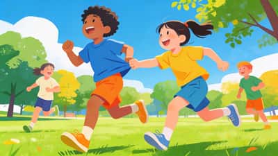 Children playing tag in a sunny park running and laughing on green grass