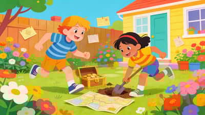Kids playing a treasure hunt in the backyard following clues excitedly