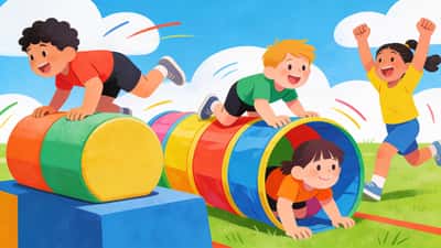 Children having a fun obstacle course race climbing and crawling through tunnels