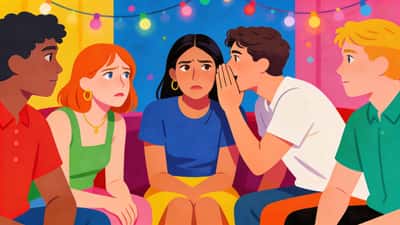 Amigos sentados en círculo en una fiesta, una persona susurrando una pregunta secreta a su vecino mientras otros miran nerviosamente