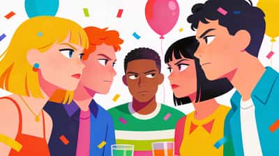 Amigos en una fiesta luciendo sospechosos y paranoicos, todos mirándose de reojo con desconfianza juguetona