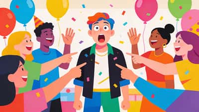 Persona en una fiesta señalada por todos después de ser nombrada en un juego de paranoia, luciendo sorprendida mientras otros ríen