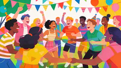 Large group of diverse friends at an outdoor party playing a fun group game with colorful decorations