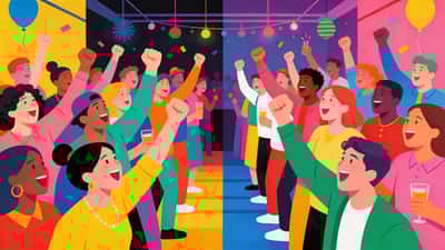 Big group of people at an indoor party split into two competing teams, both sides cheering with arms raised