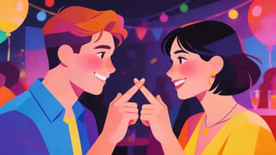 Doi tineri flirtează la o petrecere jucând un joc de numărare a degetelor, amândoi roșesc și zâmbesc timid