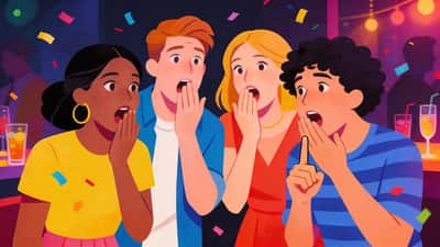 Tineri adulți la o petrecere târzie cu iluminat ambiental exclamă și își acoperă gurile când cineva coboară un deget la o întrebare scandaloasă