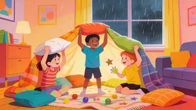 Діти грають у веселі ігри вдома у дощовий день будуючи фортецю з подушок та ковдр