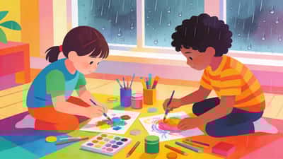 Діти займаються творчістю на підлозі у дощовий день з барвистими матеріалами