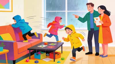 Сім'я грає у веселий пошук скарбів вдома у дощовий день з дітьми що бігають навколо