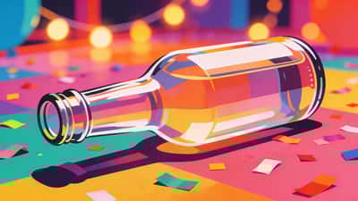 Close-up de uma garrafa de vidro deitada num chão de festa colorido com confete e luzes quentes de festa ao fundo