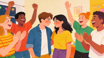 Amigos numa festa com duas pessoas no meio olhando um para o outro timidamente enquanto os outros torcem e aplaudem