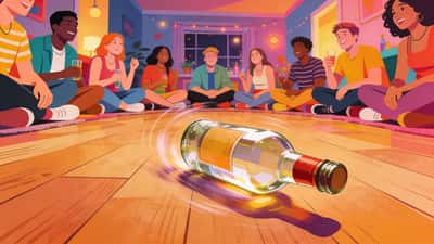 Uma garrafa de vidro girando num chão de madeira no centro de um círculo de jovens numa festa