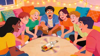 Jovens adultos numa festa sentados em círculo, uma garrafa acabou de parar de girar apontando para alguém que parece surpreso enquanto os outros se inclinam animadamente