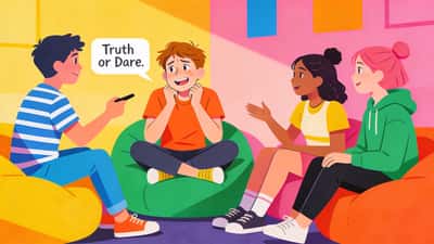 Tinédzserek egy szórakoztató összejövetelen igazság vagy merészet játszanak, egy tinédzser idegesen de mosolyogva néz miközben barátai kérdeznek