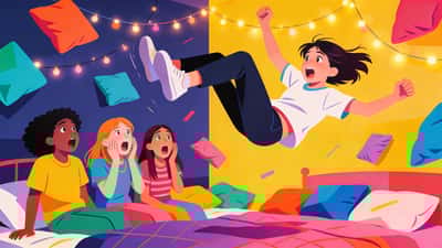 Tinédzser merészen hajt végre egy vakmerő kihívást egy pizsamapartin miközben barátai döbbenten és szórakozottan néznek fényfüzérekkel a háttérben