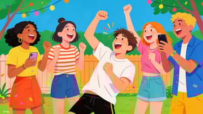 Tinédzserek nevetnek egy kerti bulin, egy tinédzser vicces feladatot hajt végre miközben mások telefonnal filmeznek és éljeneznek