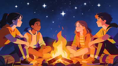 Nastolatkowie siedzą przy ognisku w nocy prowadząc głęboką znaczącą rozmowę o wyborach życiowych pod gwiaździstym niebem