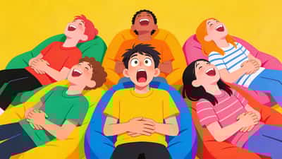 Nastolatkowie na pufach zginają się ze śmiechu nad przezabawnym hipotetycznym scenariuszem, jeden nastolatek robi zszokowaną minę podczas gdy inni pękają ze śmiechu