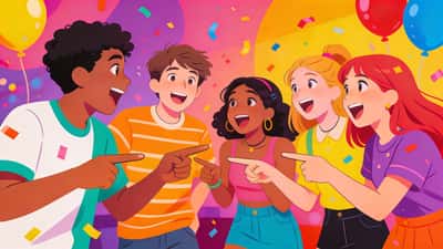 Nastolatkowie na żywej imprezie podekscytowani debatują o zabawnym hipotetycznym pytaniu, niektórzy wskazują w różnych kierunkach z ożywionymi minami