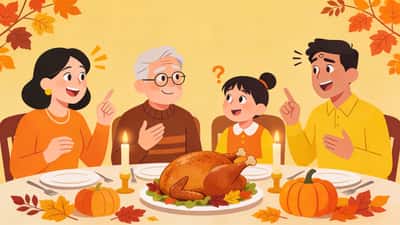 Keluarga di meja makan Thanksgiving dengan kalkun dan dekorasi musim gugur memperdebatkan pertanyaan hipotetis yang menyenangkan