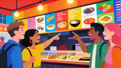 Друзья на фуд-маркете взволнованно показывают на разные блюда и обсуждают что заказать