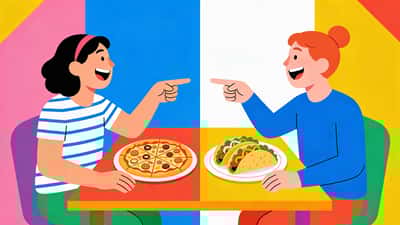 Двое друзей за красочным столом показывают на пиццу и тако пытаясь выбрать между ними