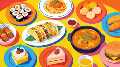 Яркий красочный набор разнообразных международных блюд вид сверху включая суши, пасту, тако, карри и десерты