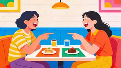 Deux amis dans un café riant en pointant vers différentes options dans un jeu de choix amusant