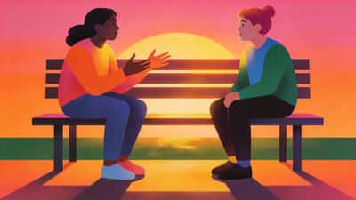 Deux amis assis sur un banc de parc au coucher du soleil ayant une conversation profonde et réfléchie
