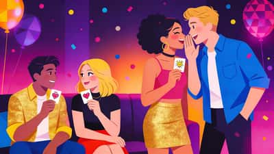 De jeunes adultes à une fête nocturne avec un éclairage d'ambiance jouant à un jeu de choix coquin avec des expressions séductrices