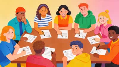 Un groupe diversifié d'amis rassemblés autour d'une table faisant un quiz amusant ensemble