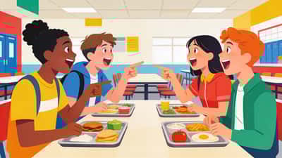 Des adolescents dans une cafétéria scolaire débattant avec animation de choix amusants et pointant dans différentes directions