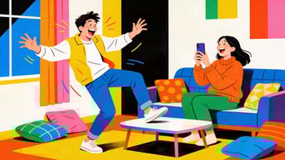 Kjæresten gjør en tullete konsekvens, slår en morsom pose mens kjæresten ler og tar opp på telefonen i en leken hjemmeatmosfære