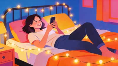 Ung kvinne ligger på sengen og smiler til telefonen mens hun sender flørtende konsekvenser, varmt soveromslys med lyslenker