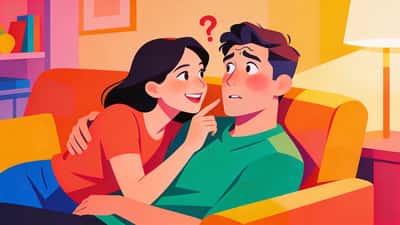 Romantisk par koser seg på en sofa og spiller et morsomt spill, kjæresten stiller kjæresten et spørsmål mens han ser lekent nervøs ut