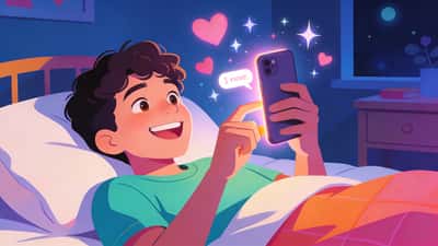 Ung person ligger på sin seng om natten og griner til sin telefon mens de skriver en flirtende besked til deres crush med hjerter og gnister
