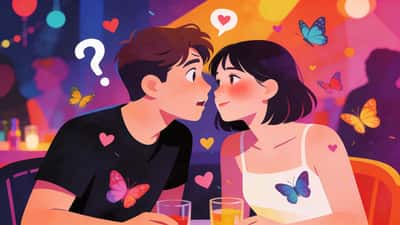 To unge mennesker sidder tæt sammen til en fest, den ene stiller nervøst et spørgsmål mens den anden rødmer med sommerfugle og hjerter der svæver